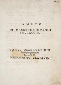 Very rare edition of 16th century. BOCCACCIO. Ameto...