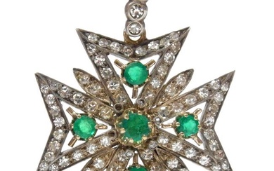 Victorian Era Natural Emerald Fine Diamond Maltese Cross 18k Gold w/ Silver Top Pendant