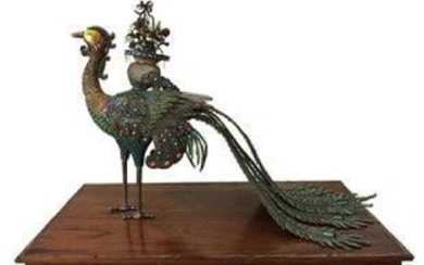 Vintage Chinese Solid Silver and Enameled Peacock on