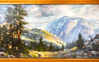 Vintage Panoramic Oil Painting Rocky Mountains