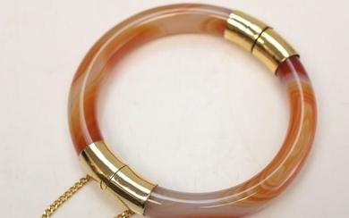 Vintage Polished Red Orange Agate Gold hinge mounted bangle bracelet.