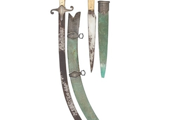 ˜Ⓦ A RARE PERSIAN SILVER-MOUNTED GARNITURE OF A SWORD (SHAMSHIR) AND DAGGER (KARD)