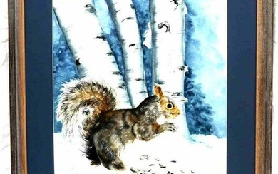 WATER COLOR PAINTING OF SQUIRREL IN WINTER SIGNED
