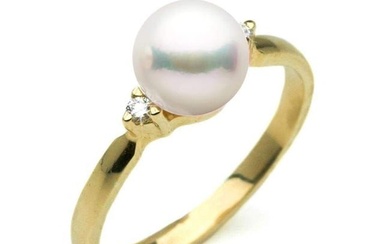 White Akoya Pearl and 2-Diamond Sweetheart Ring, 7.0-7.5mm, 14K Gold