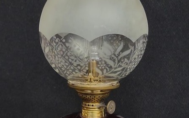 circa 1880's Early Oil Lamp with Ruby flashed font , etched glass ball shade with milk glass cluster