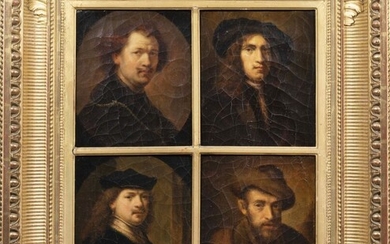 d'après REMBRANDT Quatre autoportraits dans un cadre à compartiments 42 x 36 cm