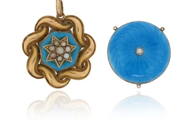 A Victorian turquoise and seed pearl-set gold pendant,...