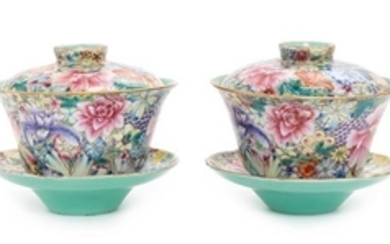 * A Pair of Famille Rose Porcelain 'Millefleur' Tea Cups and Saucers