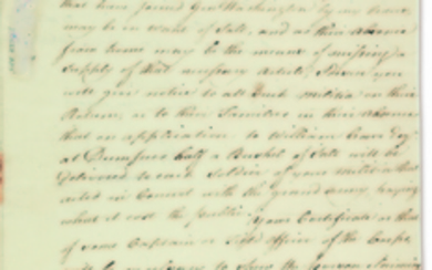 HENRY, Patrick (1736-1799). Letter signed (''P. Henry'') as Governor of Virginia to the ''County Lieut[enan]t of Berkeley'', Williamsburg, 12 November 1777.
