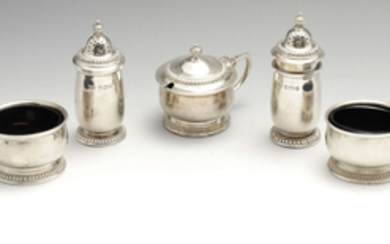 A mid-twentieth century five piece silver condiment set.
