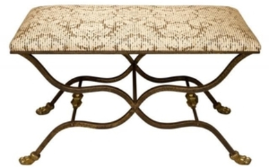 Steel and Brass Curule-Form Upholstered Bench