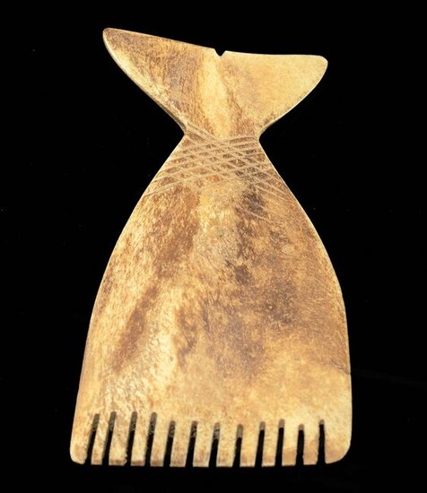 12th C. Pre-Contact Yupik Bone Comb w/ Whale Tail Form