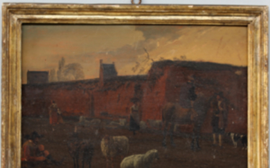 Antico dipinto ad olio su tavola raffigurante una scena agreste (cm 36x53) in cornice antica (difetti e restauri)