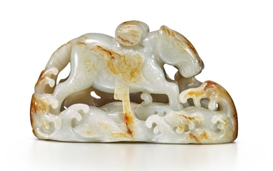 A CELADON AND RUSSET JADE FIGURE OF A HEAVENLY HORSE 17TH / EARLY 18TH CENTURY