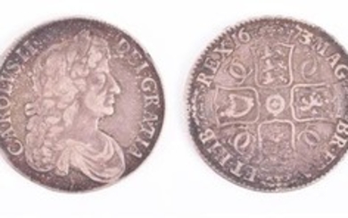 CHARLES II, 1662-85. CROWN, 1673/2. QVINTO. Obv: Laureate and draped bust right. Rev: Crowned cruciform shields with interlinked...