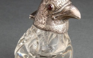 Continental Silver Garnet & Cut Glass Bird Inkwell