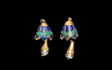 Egyptian Lapis and Turquoise Inlaid Gold Earring Pair