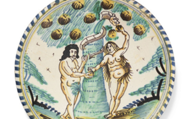 AN ENGLISH DELFT BLUE-DASH 'ADAM AND EVE' CHARGER, CIRCA 1660-80, PROBABLY LONDON