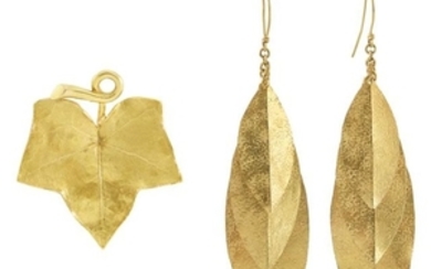 Pair of Gold Leaf Earrings and Brooch