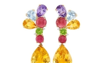 Pair of Gold, Multicolored Colored Stone and Diamond Pendant-Earclips