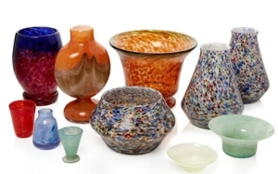A group of mottled glass vases and...