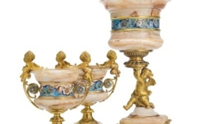 A GROUP OF THREE FRENCH ORMOLU, ONYX AND CHAMPLEVE ENAMEL JARDINIERES, LATE 19TH/EARLY 20TH CENTURY