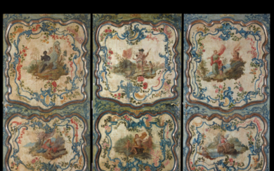 A group of three 18th-century lacquered and painted wooden panels (cm 102x206) (defects, mounted on modern doors)