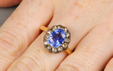 A late Victorian, silver and 18ct gold Sri Lankan sapphire and rose-cut diamond cluster ring.
