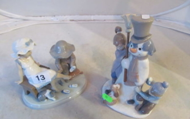 A Lladro snowman and boy tying shoes on with girl