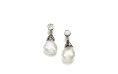 Pair of natural pearl and diamond earrings, late 19th century