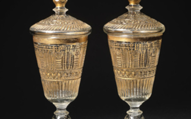 A pair of Ottoman Beykoz glass goblets and covers, Turkey, 19th century
