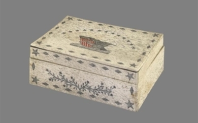 PANBONE BOX WITH POLYCHROME SCRIMSHAW DECORATION OF AN EAGLE Rectangular lidded box with dovetail construction, made from panbone se...
