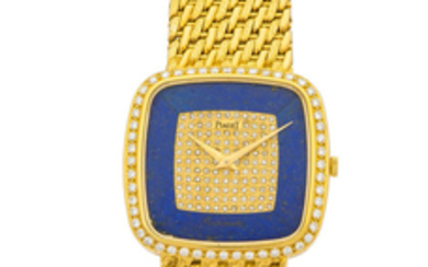 PIAGET REF. 12775 YELLOW GOLD AND DIAMONDS A fine and rare self-winding 18K yellow gold diamond-set wristwatch with lapis lazuli and diamond dial.