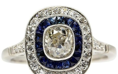 Platinum Handmade Old Mine Diamonds and Sapphires Ring
