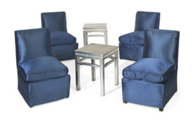 A SET OF FOUR BLUE SATIN UPHOLSTERED SLIPPER CHAIRS, MODERN