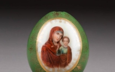 A SMALL PORCELAIN EASTER EGG SHOWING THE MOTHER OF GOD