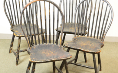Two Pairs of Black-painted Bow-back Windsor Chairs