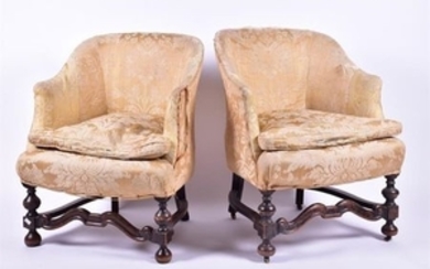 A pair of Victorian mahogany framed tub armchairs with yellow upholstery, on ball feet, 64 cm wide.