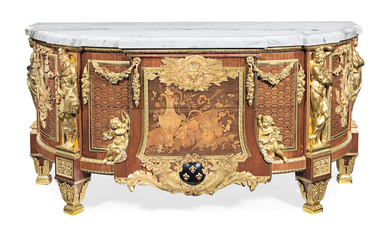 A fine French early 20th century mahogany, fruitwood marquetry and gilt bronze mounted commode in the Louis XVI style, After the original by Jean-Henri Reisener