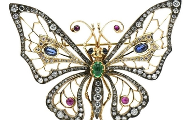 14 Karat Gold, Diamond, Sapphire, Ruby & Emerald Brooch
