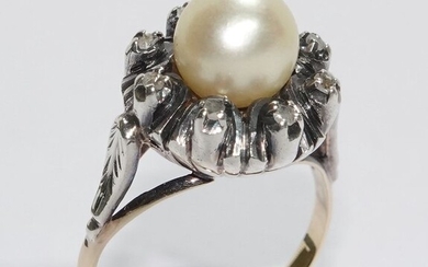 14 kt. Silver, Yellow gold - Ring Pearl - Diamonds