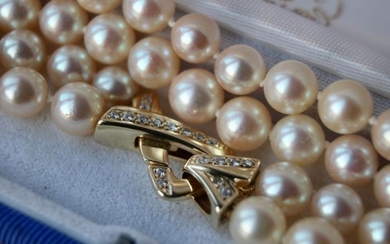 14 kt. Yellow gold - Exquisite 2 row necklacegenuine sea/salt Japanese Akoya pearls ø 7.5-8 mm - Diamonds -Certified - New state