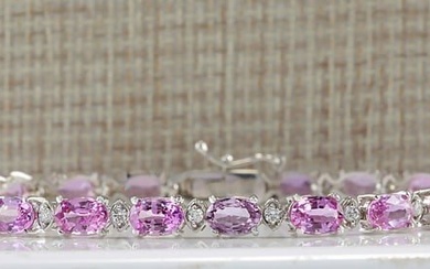 14.10CTW Natural Pink Sapphire And Diamond Bracelet In 14K Solid White Gold