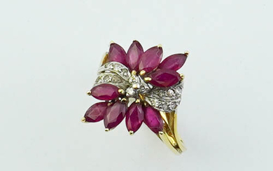 14K YELLOW AND WHITE GOLD, DIAMOND AND RUBY SPRAY-AND-RIBBON DESIGN...