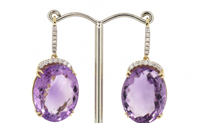 14K Yellow Gold, Amethyst and Diamond, Statement Drop Earrings.The centres...