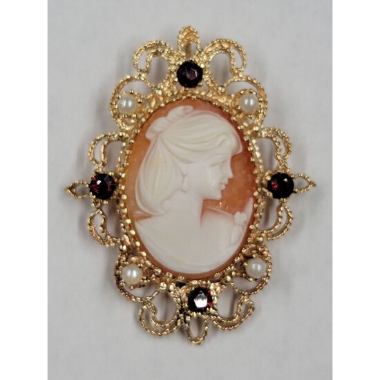 14k Gold & Shell Cameo With Rubies & Pearls