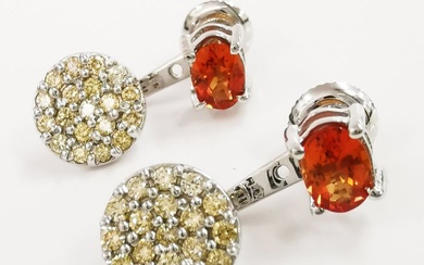 1.60 ct reddish orange sapphire & 0.80 ct vvs light yellow diamonds designer earrings - 14 kt. White gold - Earrings - 1.60 ct Sapphire - Diamonds