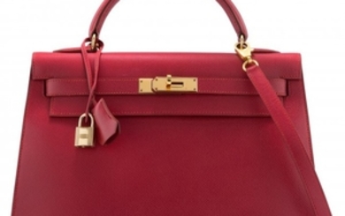 16013: Hermès 32cm Rouge Vif Courchevel Leather