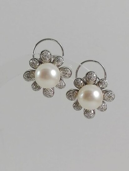 18 kt. Akoya pearls, White gold - Earrings - Diamond