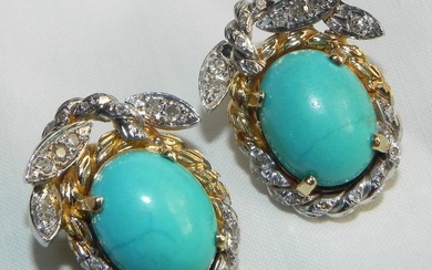 18 kt. Gold - 750 XL Ear Clips Natural Turquoise 1 Ct Brilliant Turquoise
